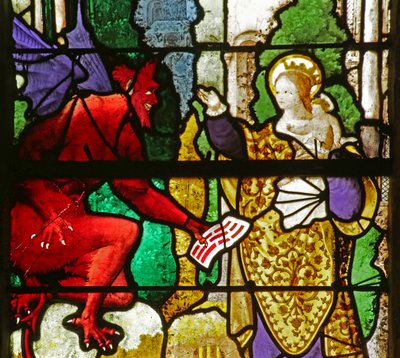 Window depicting the Virgin Mary getting back Theophilus pact from the devil by French School